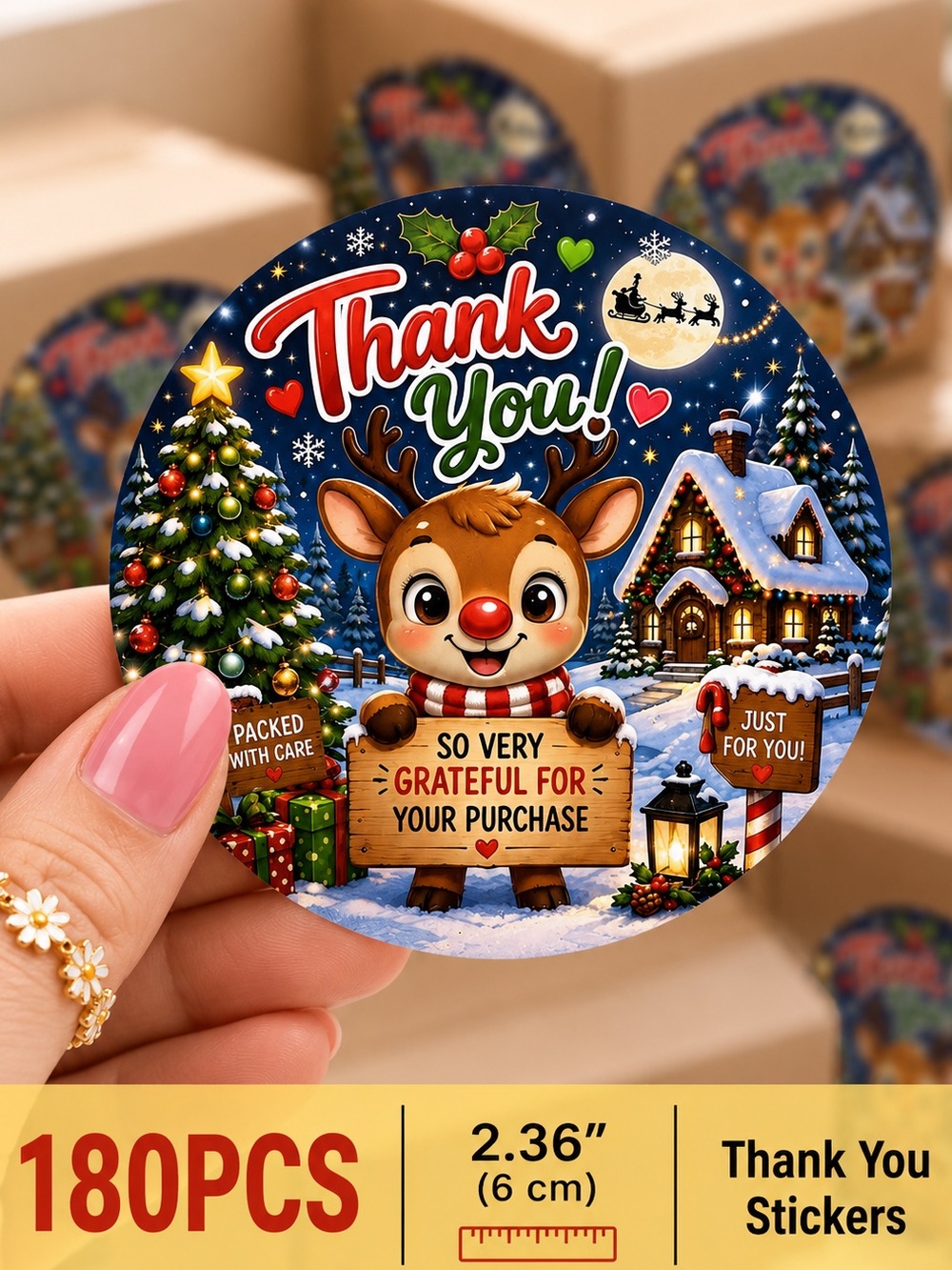 180PC 2.36” Thank You Stickers - Cute Reindeer Holiday Design